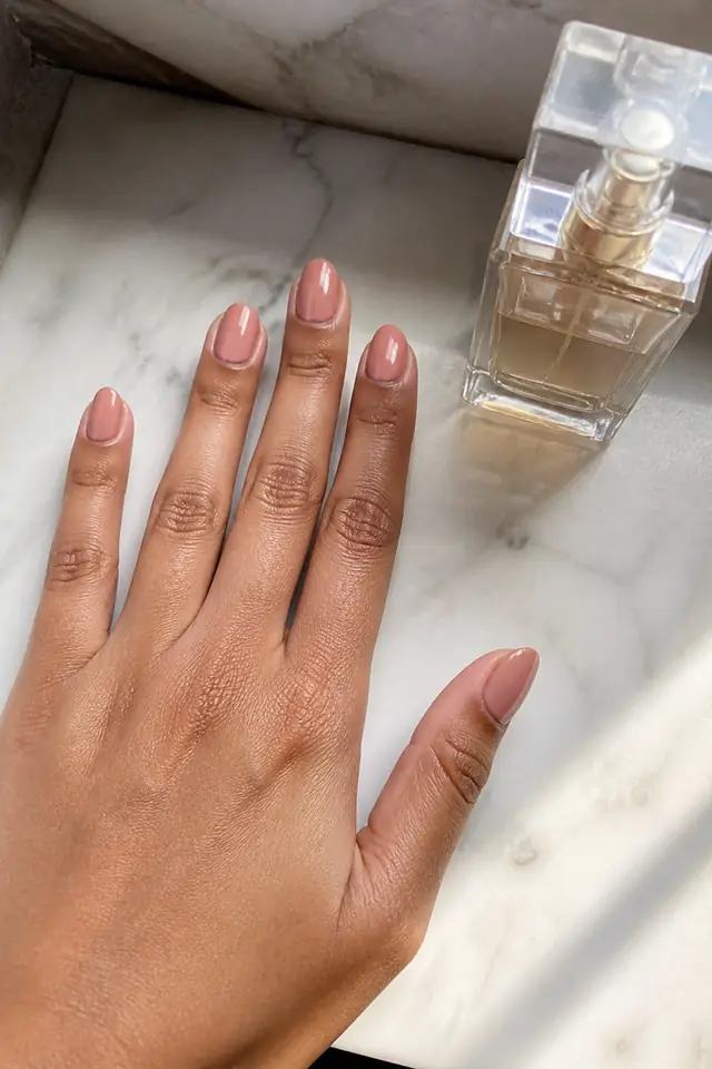 Short Almond Rosy Nude short autumn nail design on a woman’s hand.