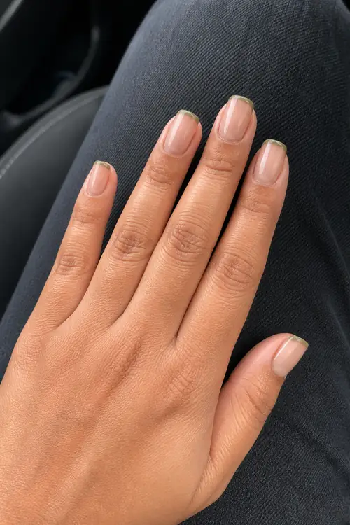 Short nude coffin nails with olive micro French tips