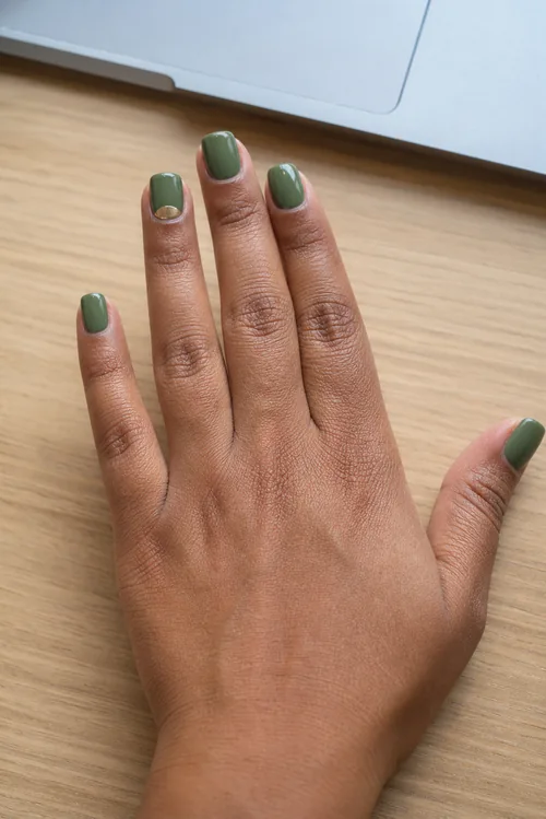 Short olive green square nails with gold half moon detail