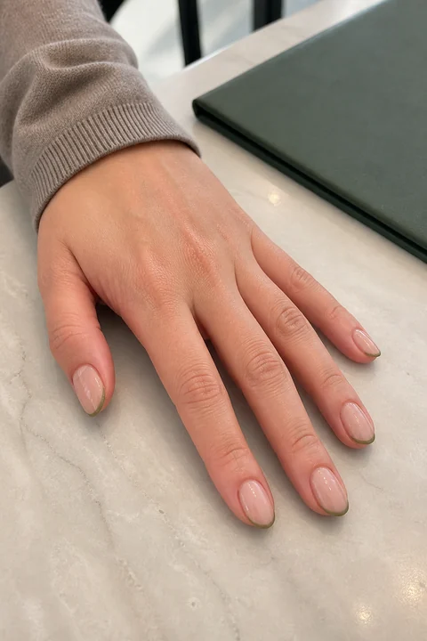 Short almond nude nails with olive green micro French tips