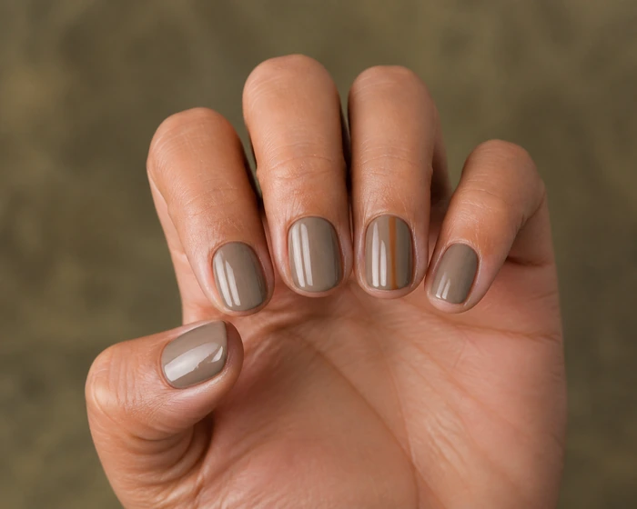 Short olive squoval nails with a glossy caramel side stripe