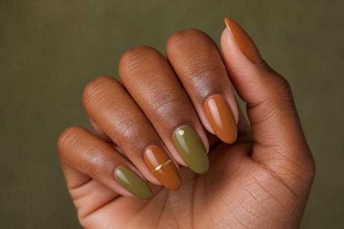 Caramel and olive two-tone Thanksgiving nails