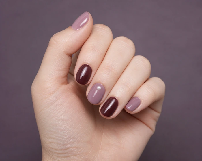 Mauve and burgundy simple winter nails with pearl accent