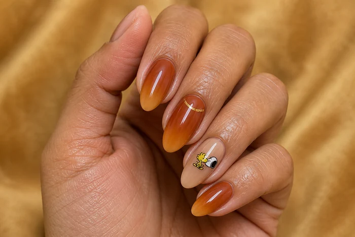Pumpkin Thanksgiving nails with Snoopy and Woodstock accent