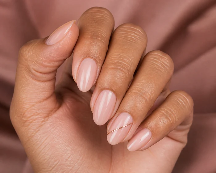 Soft nude nails with a rose-gold diagonal line