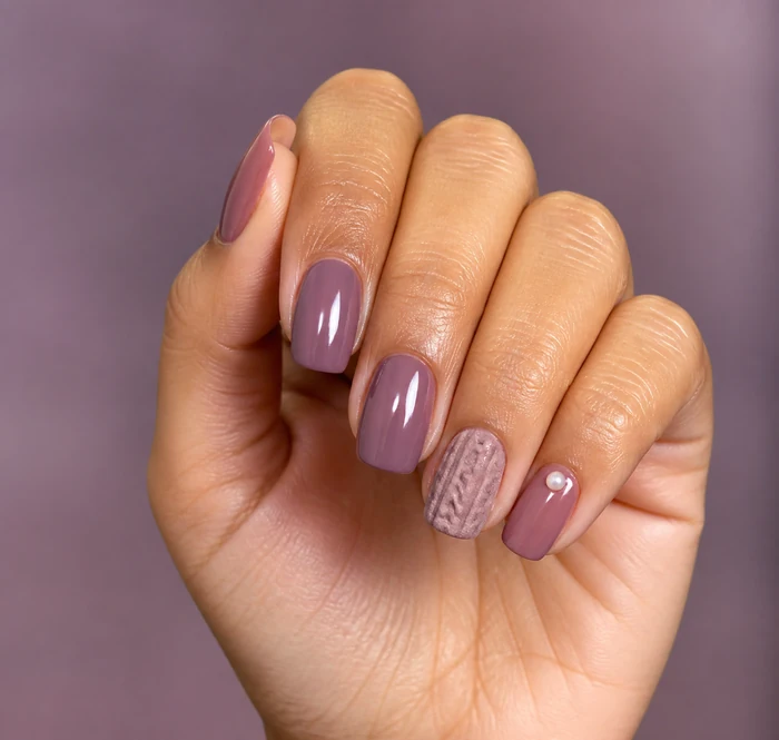 Mauve sweater weather nails with knit accent and pearl dot