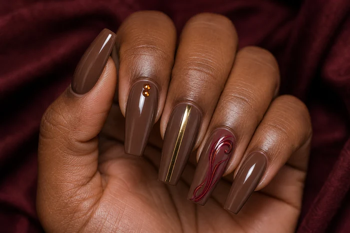 Mocha acrylic nails with gold ribbon and cranberry swirl