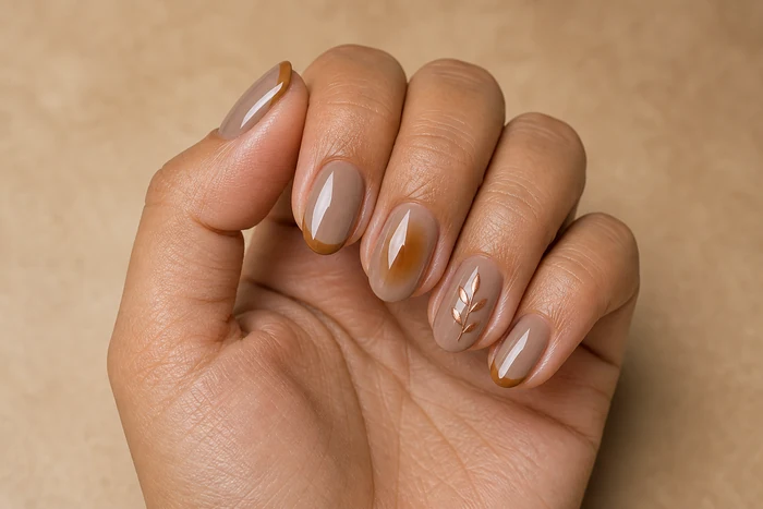 Short taupe almond Thanksgiving nails with copper leaf art