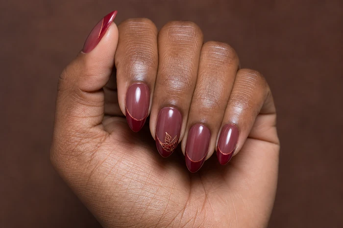 Cranberry French Thanksgiving nails with copper leaf accent