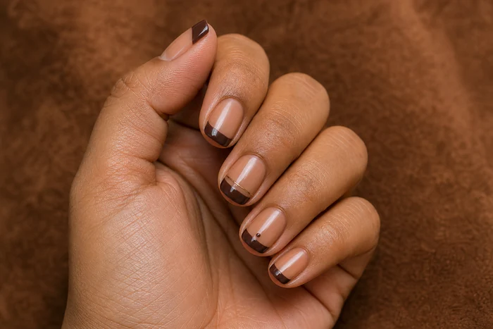 Short tan nails with cocoa half-moon French tips