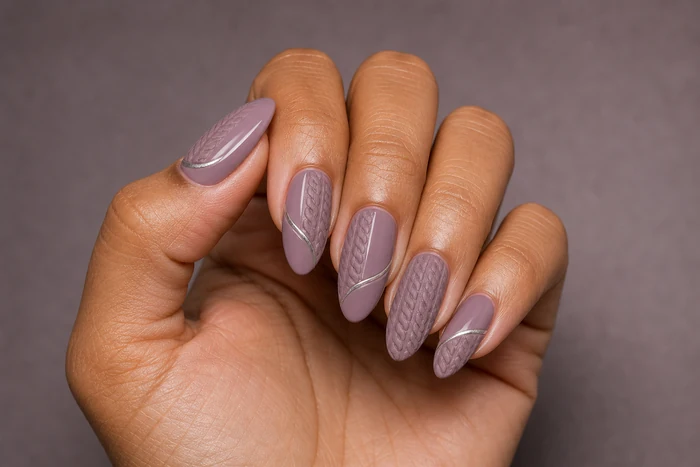Muted mauve winter sweater nails with cable texture and silver curve