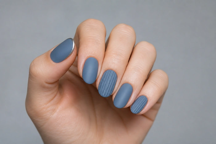 Matte dusty blue sweater nails with ribbed texture and silver edge