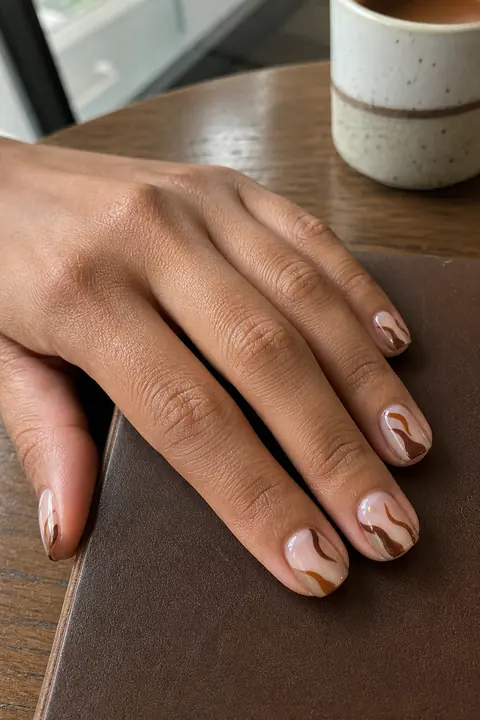 Brown abstract wave nail art on a woman resting her hand on a leather notebook at a cafe