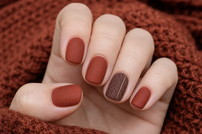 Rust matte sweater nails with cocoa cable knit and fine gold line