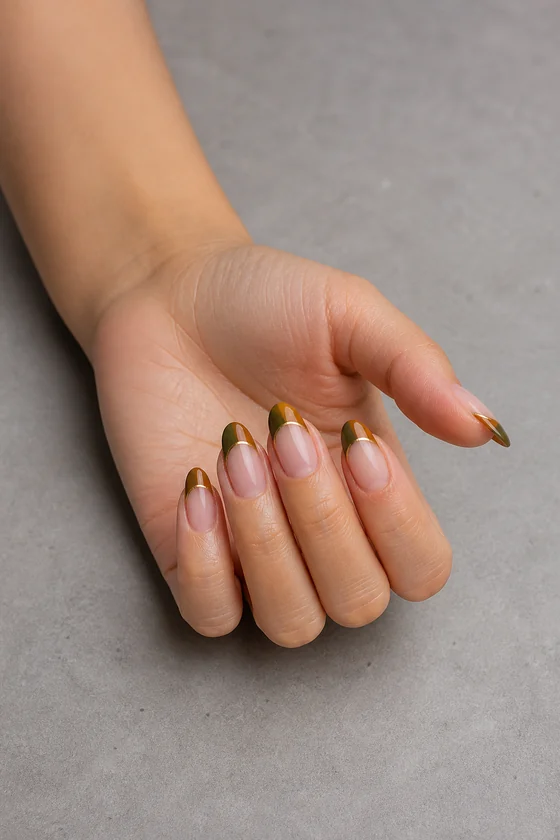 Olive and caramel colorblock French tip fall nails
