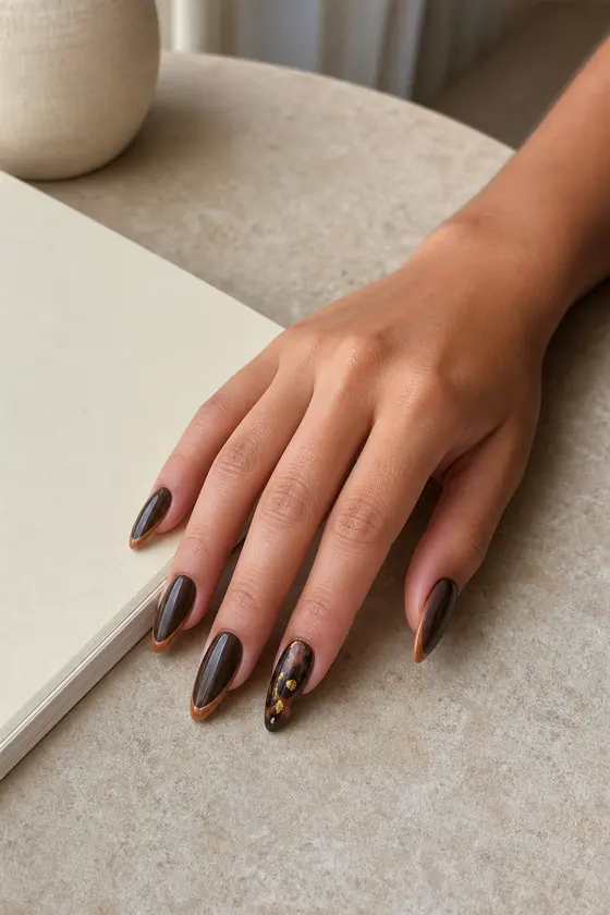 Long chocolate almond fall nails with tortoiseshell accent on a side table