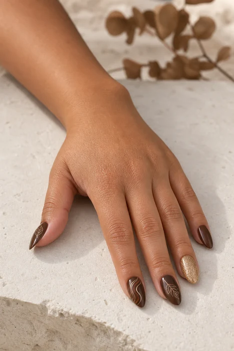 Chocolate press-on nails with autumn leaf line art