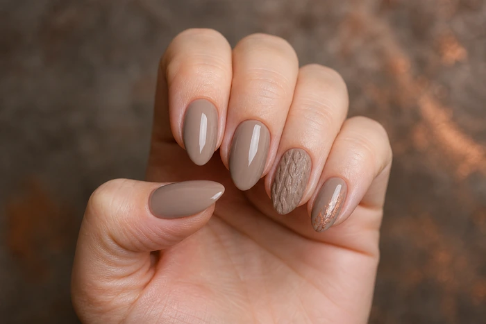 Taupe sweater nails with copper leaf line detail