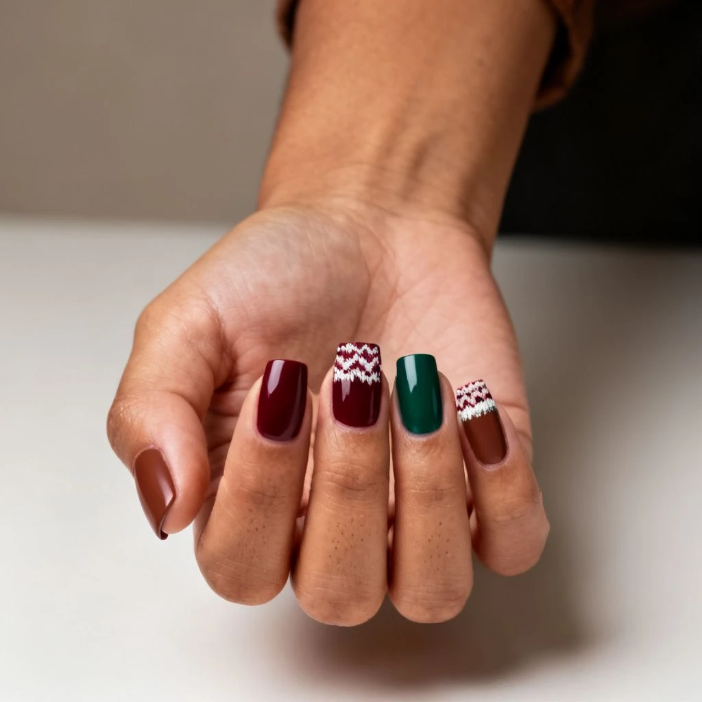 Cocoa burgundy and green Christmas sweater nails with a Fair Isle accent