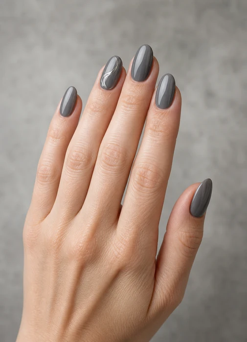 Smoky gray gel nails with a fine pewter swirl detail