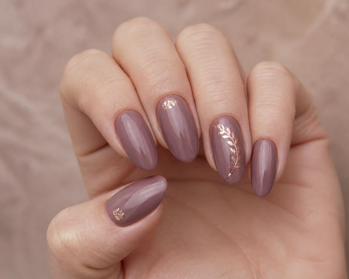 Medium mauve acrylic nails with copper leaf line and gold foil