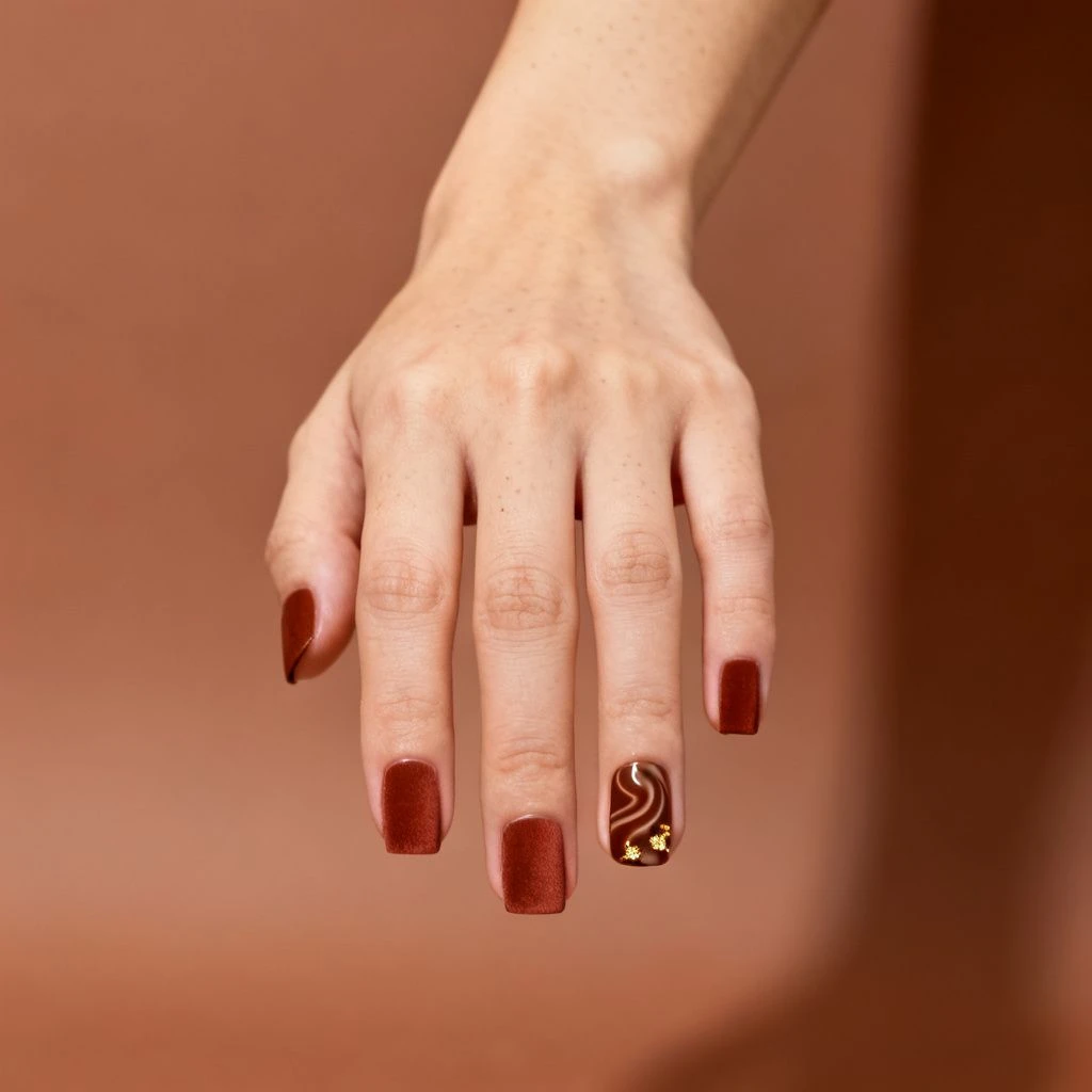 Rust velvet-matte nails with cocoa swirl art