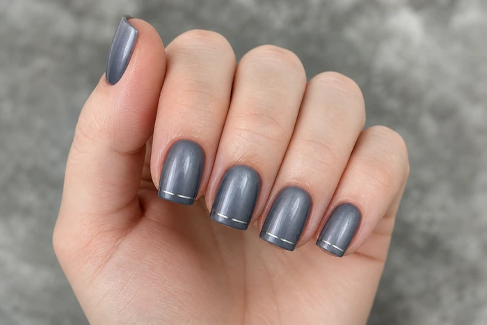 Smoky gray square nails with a fine pewter chrome line