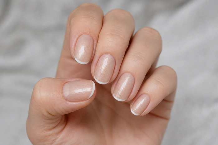 Champagne pearl micro French pretty fall nails