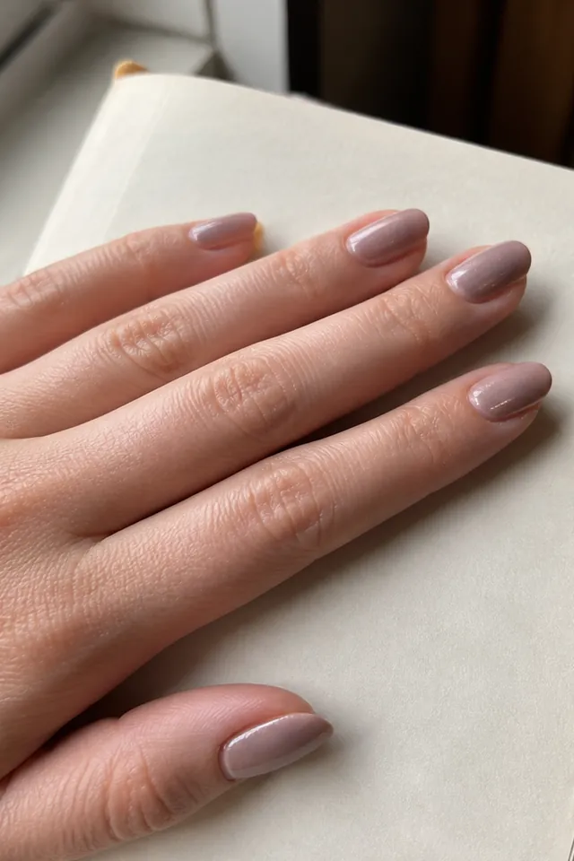 Short Almond Taupe Shimmer short autumn nail design on a woman’s hand.