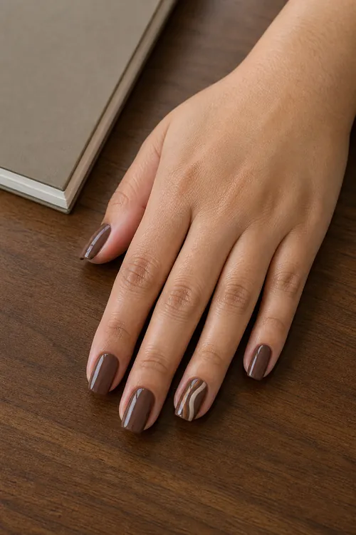 Short mocha coffin nails with cream line art accent