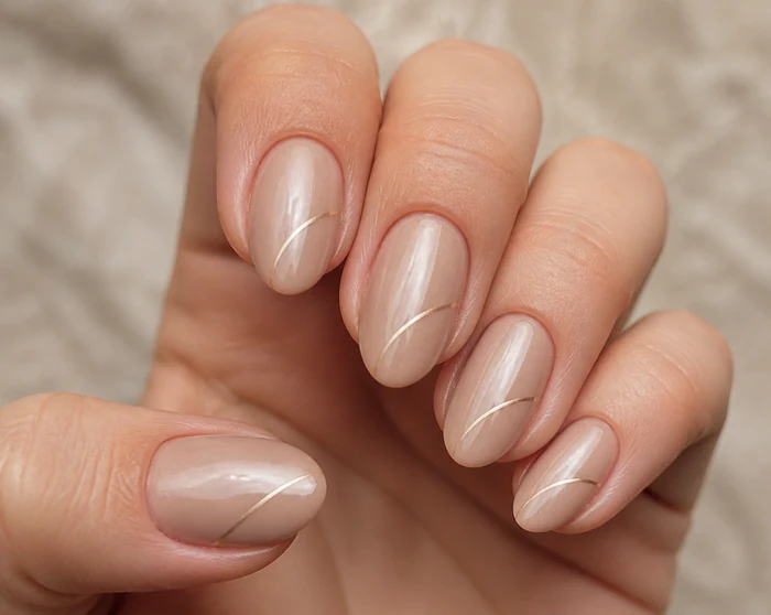 Short almond latte nails with pearl glaze and fine gold line