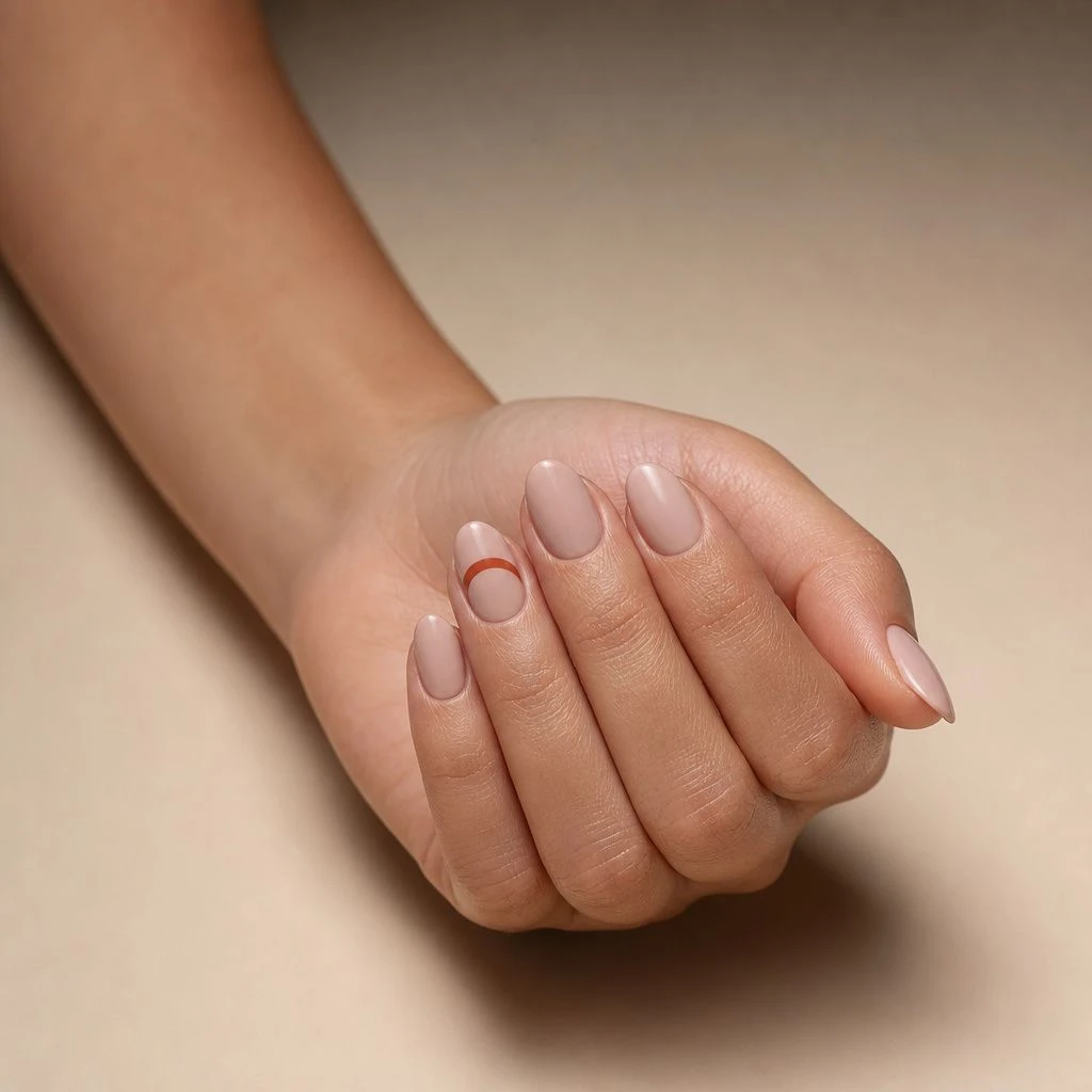 Short nude almond nails with a rust orange accent
