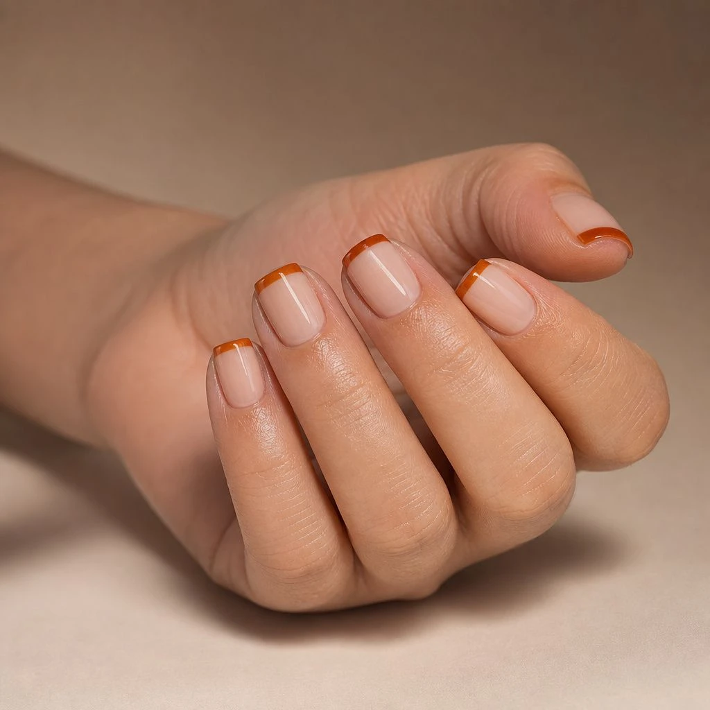 Short nude square nails with rust French tips