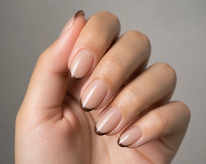 Sheer nude nails with espresso brown French tips