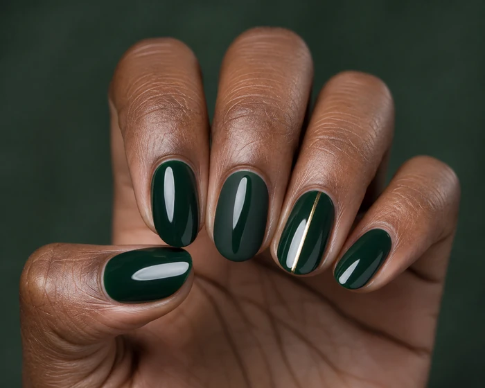 Forest green simple winter nails with gold line