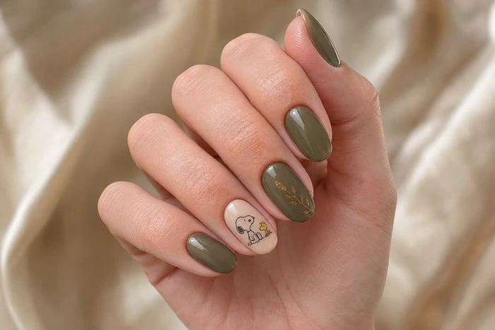 Moss Thanksgiving nails with Snoopy and Woodstock line art