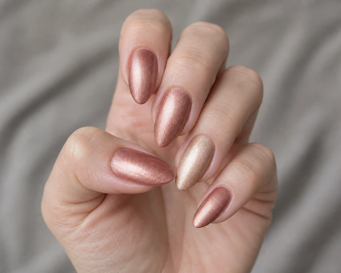 Muted rose-gold metallic soft fall nails