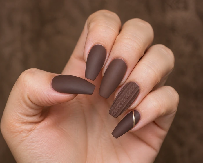 Matte cocoa sweater weather nails with knit and gold line