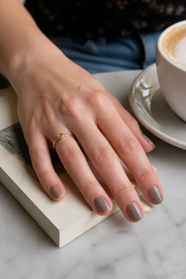 Short taupe strengthening gel overlay on natural nails.