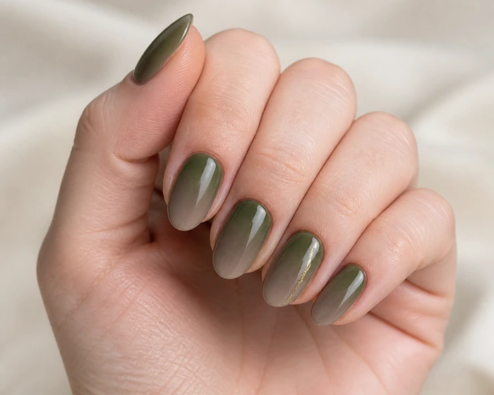 Moss taupe ombré Thanksgiving dip nails with gold leaf line