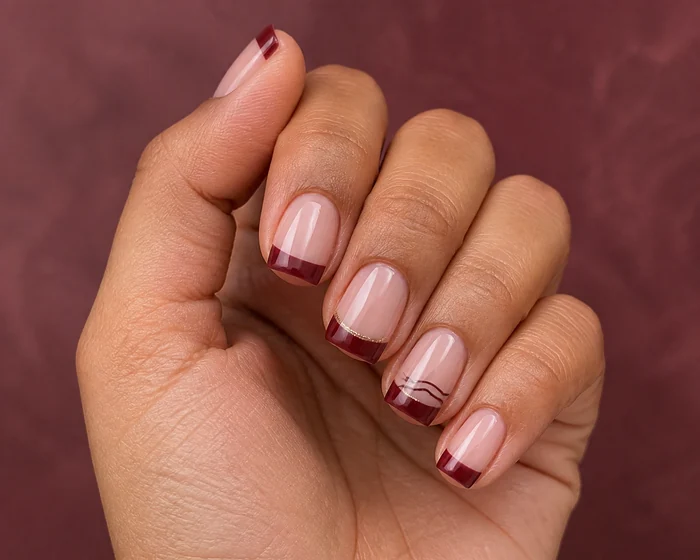 Wine French Thanksgiving nails with gold curve