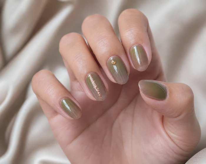 Moss taupe glazed ombré Thanksgiving gel nails with copper leaf
