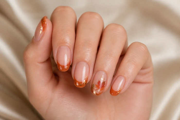 Pumpkin French nails with a harvest leaf design