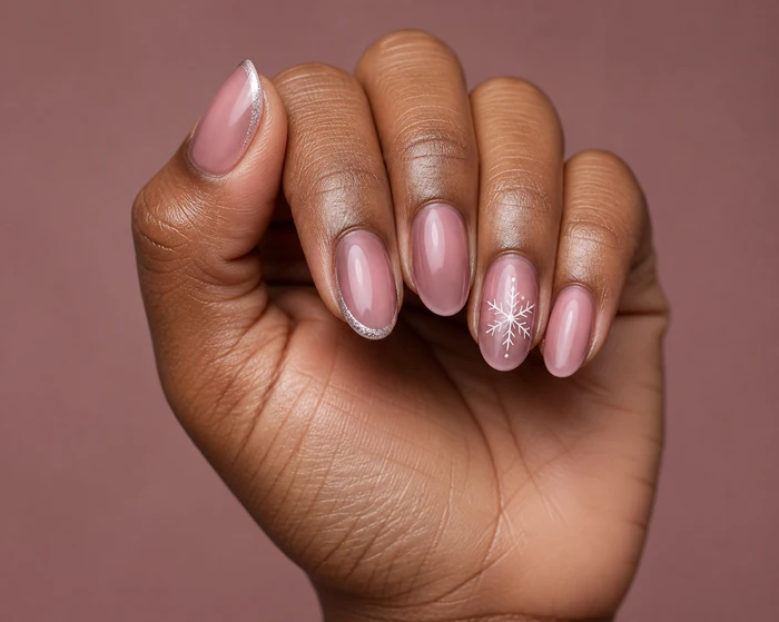 Rose aura winter nails with silver French edge and snowflake line