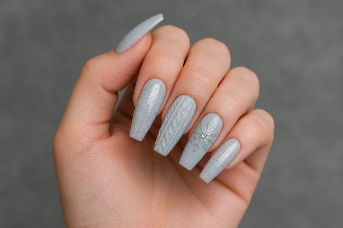 Long icy gray winter sweater nails with cable and snowflake line