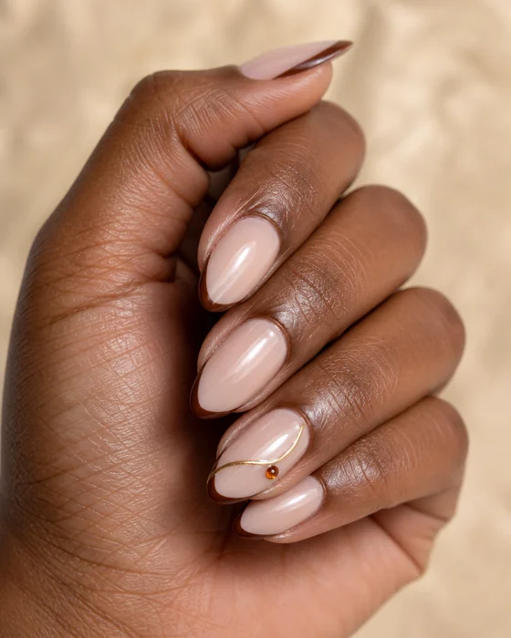 Nude almond nails with cocoa micro tips and a gold leaf line