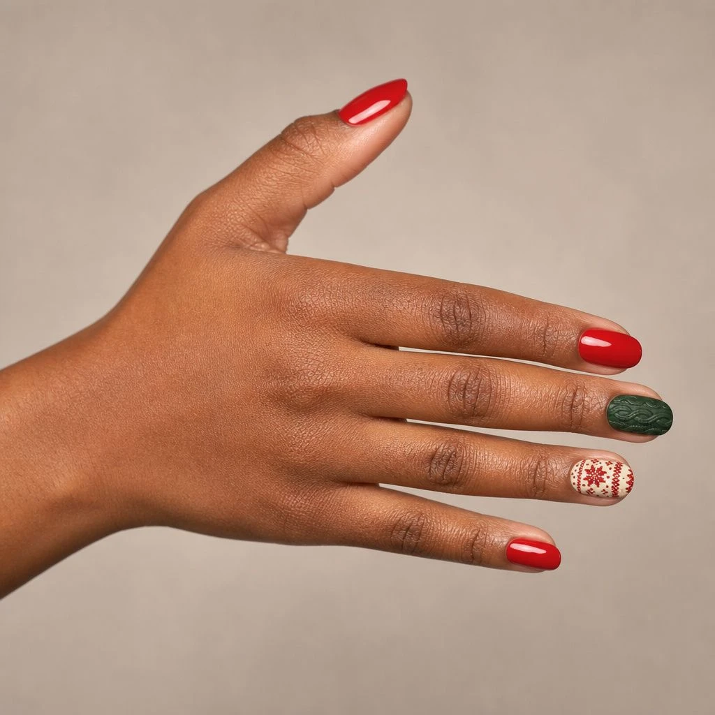 Red, green, and cream Christmas sweater nails with cable knit and Fair Isle accents