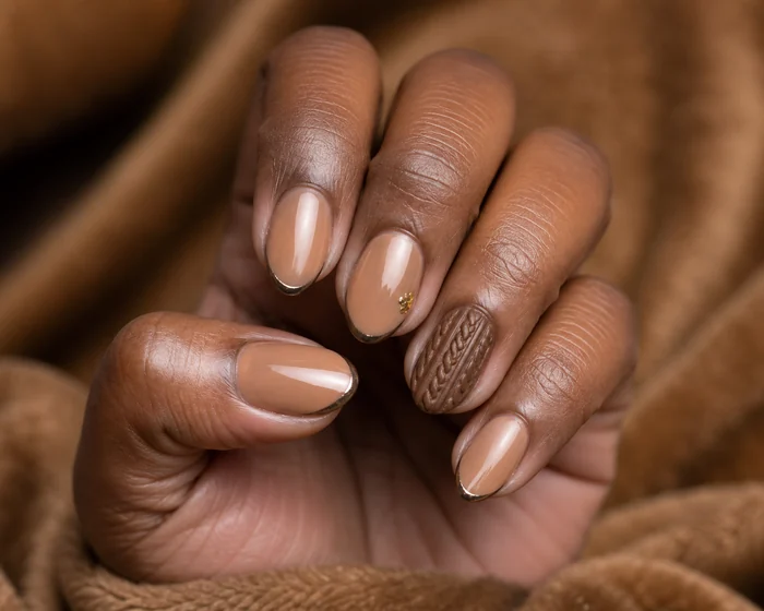 Caramel almond sweater nails with bronze micro-French detail