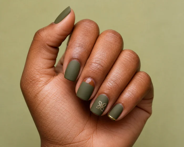 Cute matte olive Thanksgiving nails with caramel half-moon