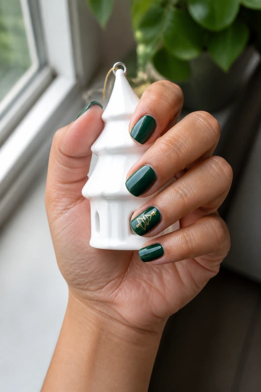 Dark Green With Tiny Gold Tree Art dark green Christmas nails